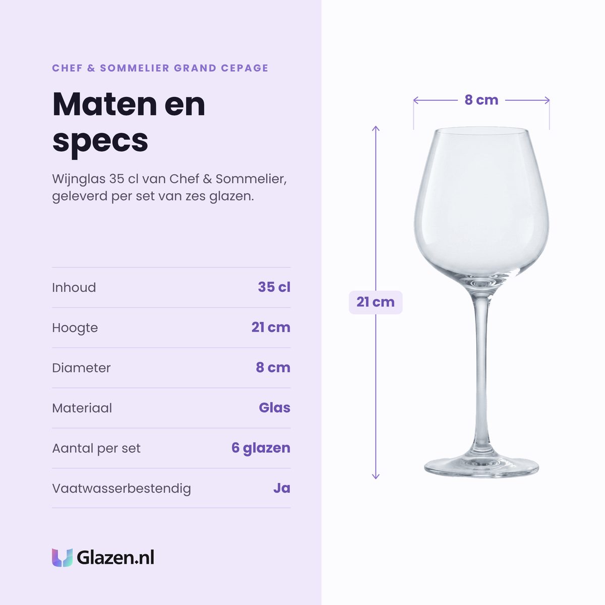 Chef & Sommelier Grand Cepage wijnglas 35 cl specificaties: inhoud 35 cl, hoogte 21 cm, diameter 8 cm, glas, set van 6