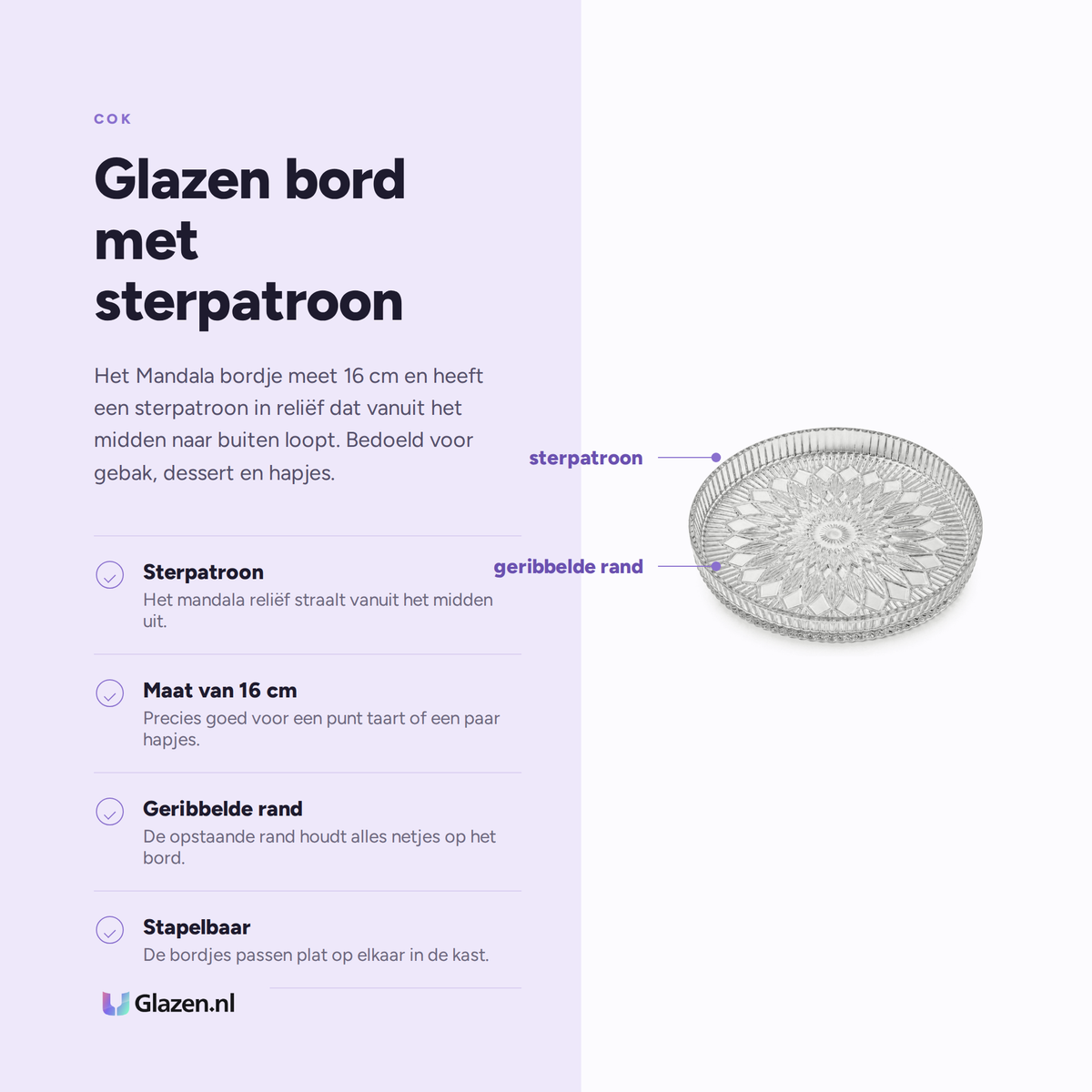 Eigenschappen van het COK Mandala glazen bord 16 cm