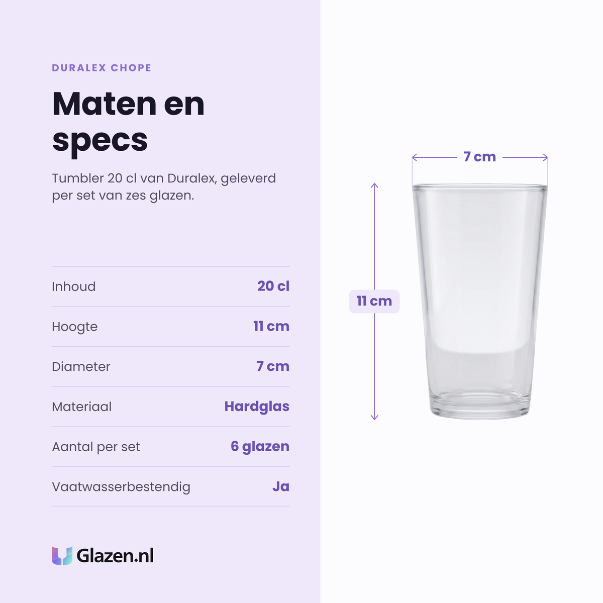 Duralex Chope tumbler 20 cl specificaties: inhoud 20 cl, hoogte 11 cm, diameter 7 cm, hardglas, set van 6