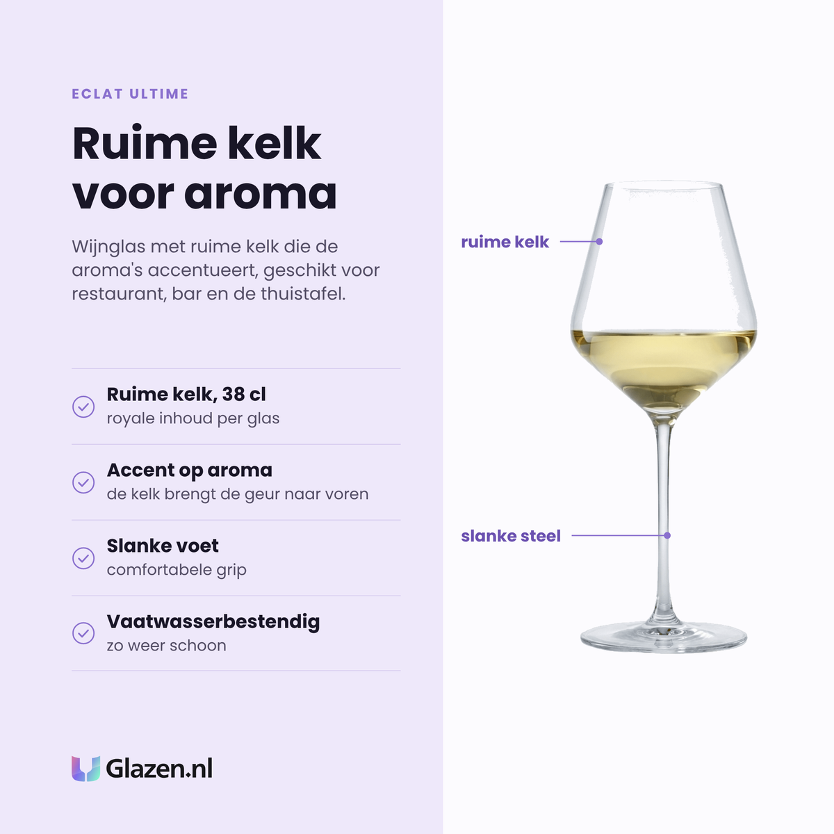 Eclat Ultime wijnglas 38 cl eigenschappen: ruime kelk van 38 cl, accent op aroma, slanke voet, vaatwasserbestendig