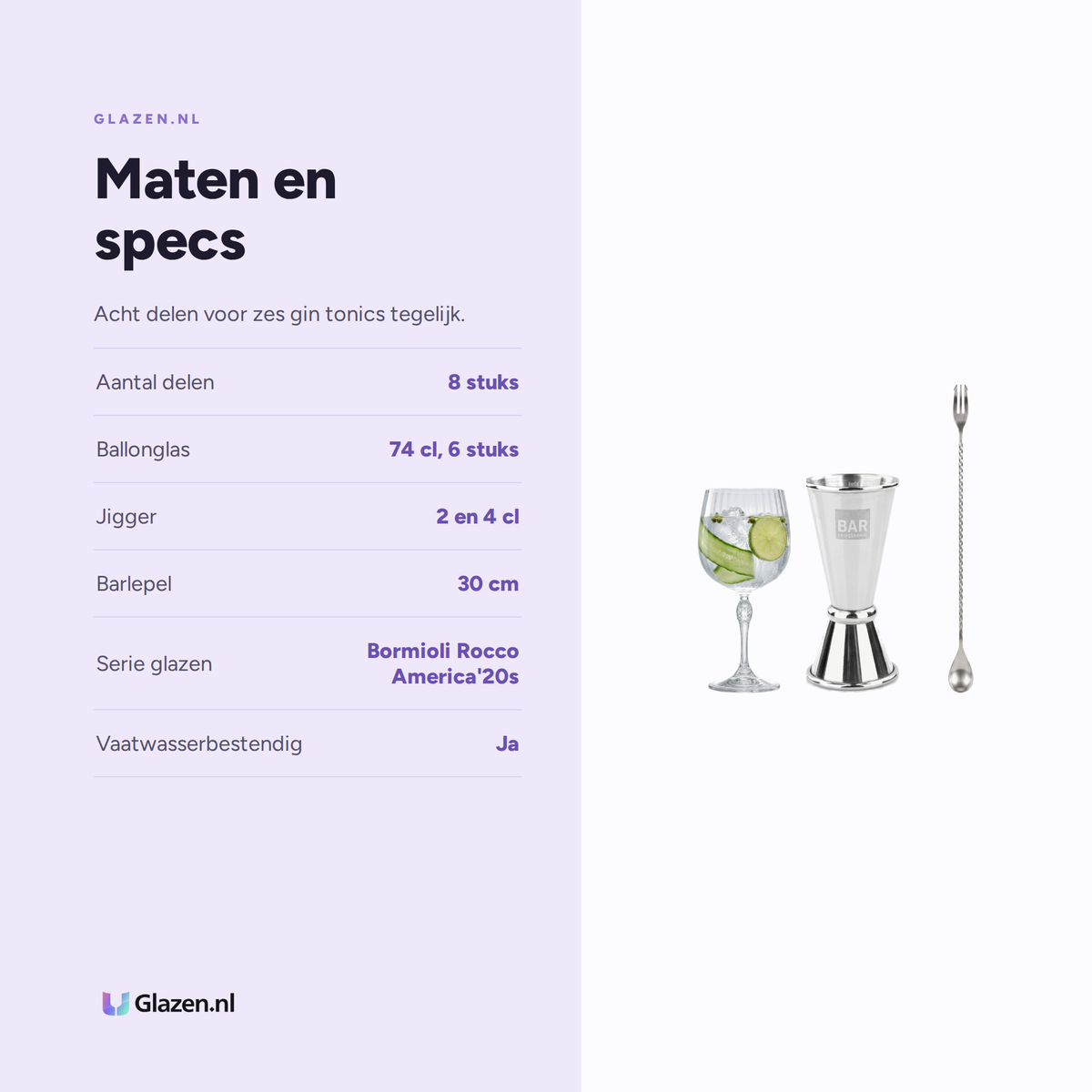 Maten en specificaties van de Gin Tonic Box 8-Delig (6 Ballonglazen, Jigger & Barlepel)