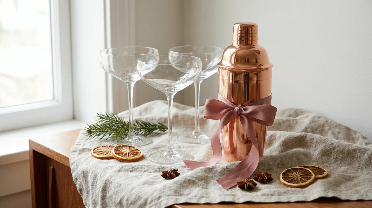 Koperen cobbler shaker met lint naast twee coupes, als cadeau gepresenteerd