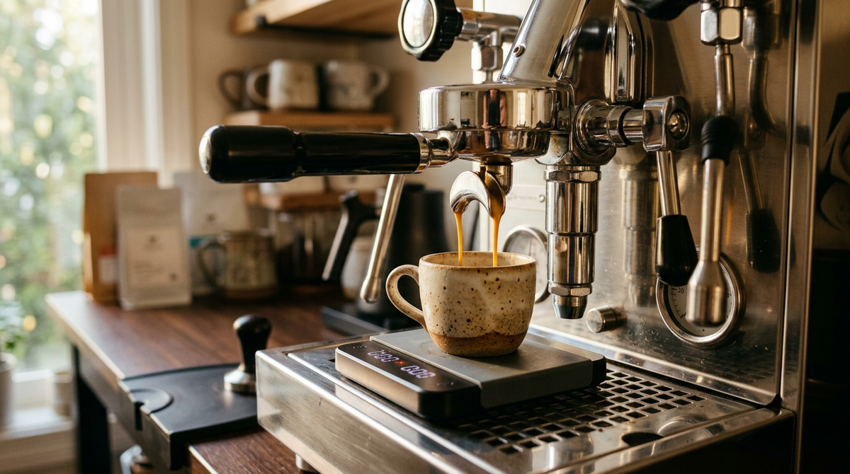 Koffieweegschaal met timer onder de filterdrager terwijl de espresso in het kopje loopt