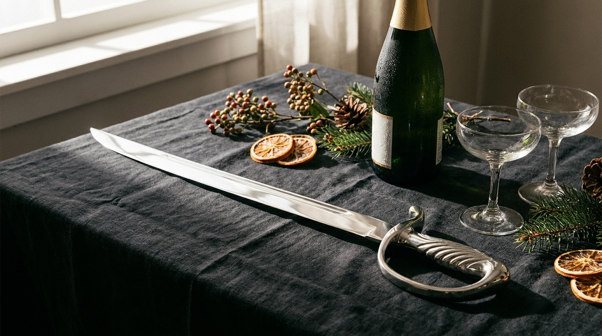 Champagnesabel op donker linnen naast een gekoelde fles champagne en twee coupes