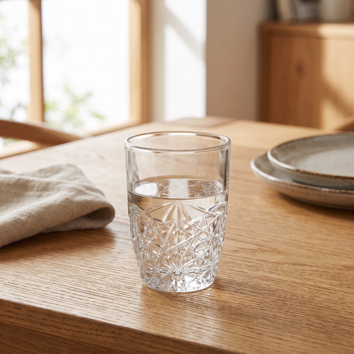 Bormioli Rocco Dedalo glas op een eikenhouten eettafel