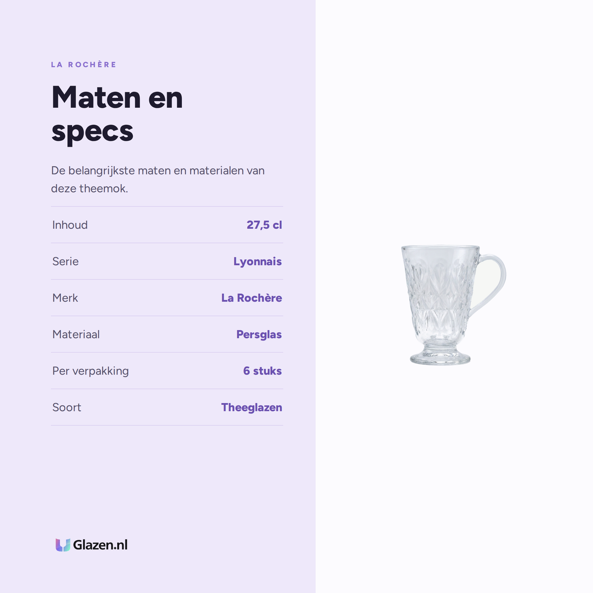 Infographic met de maten en specificaties van La Rochère Lyonnais Theemok 27,5 Cl - 6 Stuks