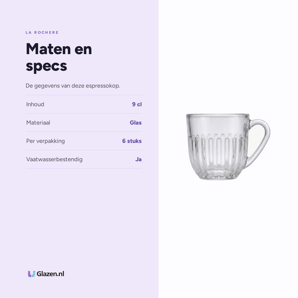 Maten en specs van de La Rochère Ouessant Espressokop 9 Cl - 6 Stuks