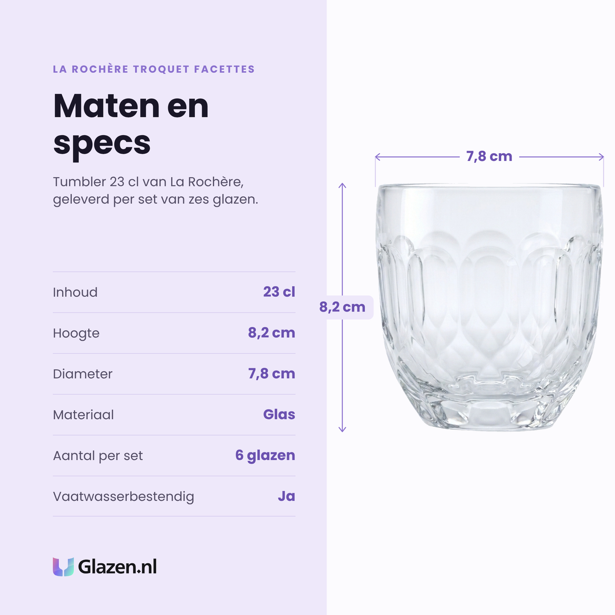La Rochère Troquet Facettes tumbler 23 cl specificaties: inhoud 23 cl, hoogte 8,2 cm, diameter 7,8 cm, glas, set van 6