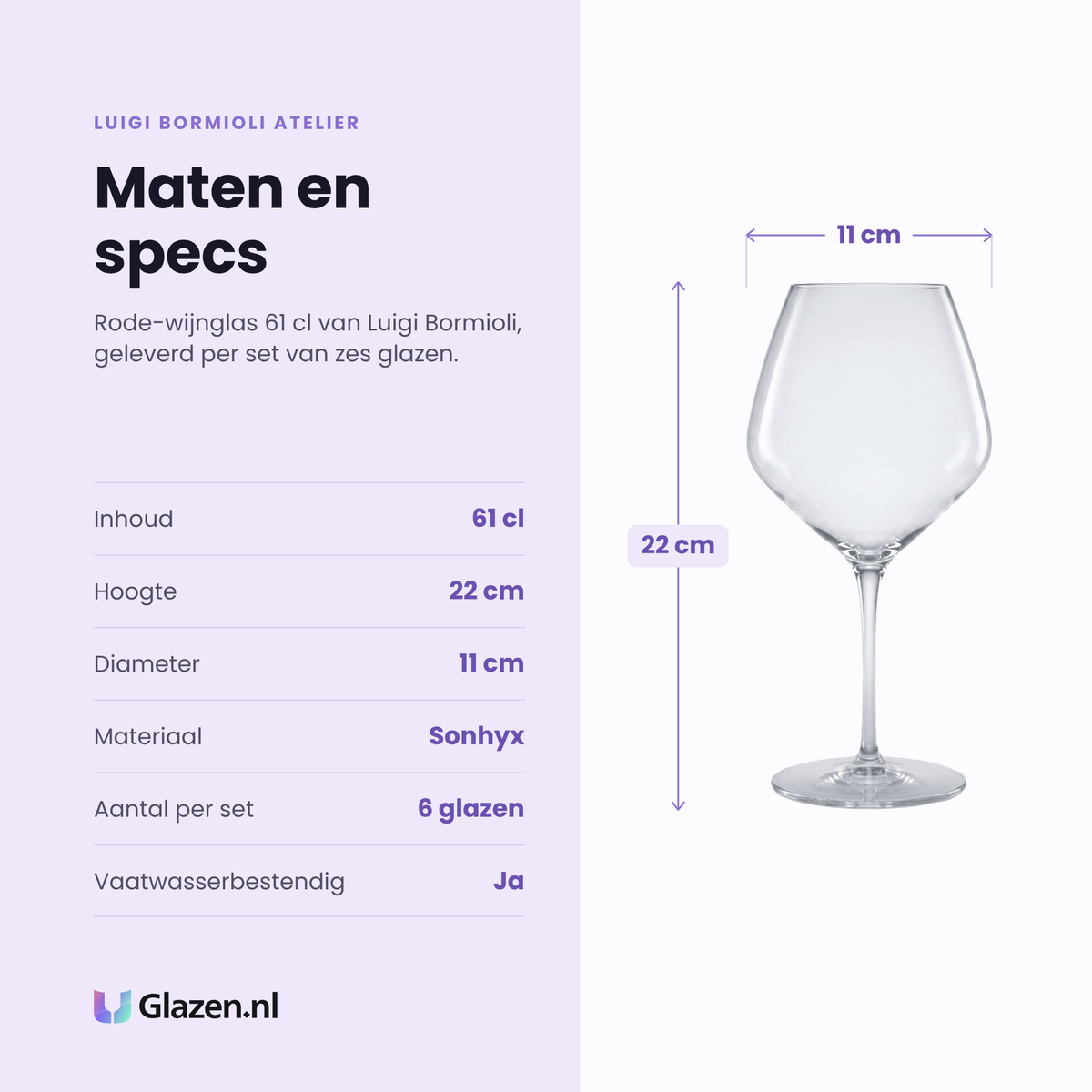 Luigi Bormioli Atelier wijnglas 61 cl specificaties: inhoud 61 cl, hoogte 22 cm, diameter 11 cm, sonhyx, set van 6