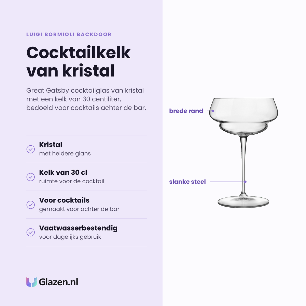 Luigi Bormioli Backdoor cocktailglas 30 cl eigenschappen: kristal, kelk van 30 cl, voor cocktails, vaatwasserbestendig