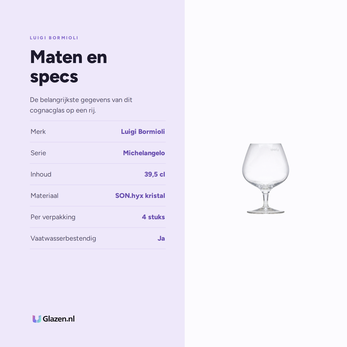 Maten en specificaties van de Luigi Bormioli Michelangelo Cognacglas 39,5 Cl - 4 Stuks