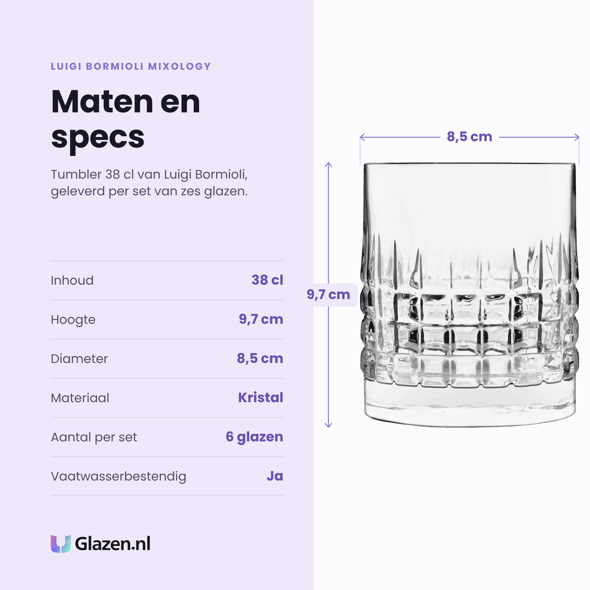 Luigi Bormioli Mixology Charme tumbler 38 cl specificaties: inhoud 38 cl, hoogte 9,7 cm, diameter 8,5 cm, kristal, set van 6