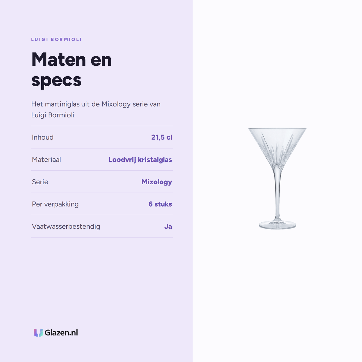 Maten en specs van Luigi Bormioli Mixology Cocktailglas Martini 21,5 Cl