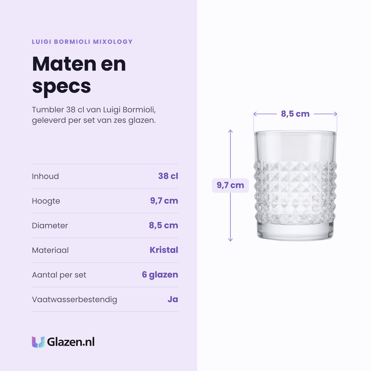 Luigi Bormioli Mixology Elixir tumbler 38 cl specificaties: inhoud 38 cl, hoogte 9,7 cm, diameter 8,5 cm, kristal, set van 6
