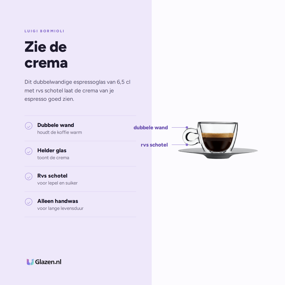 Eigenschappen van Luigi Bormioli Thermic Glass Espressoglas 6,5 Cl Met Rvs Schotel