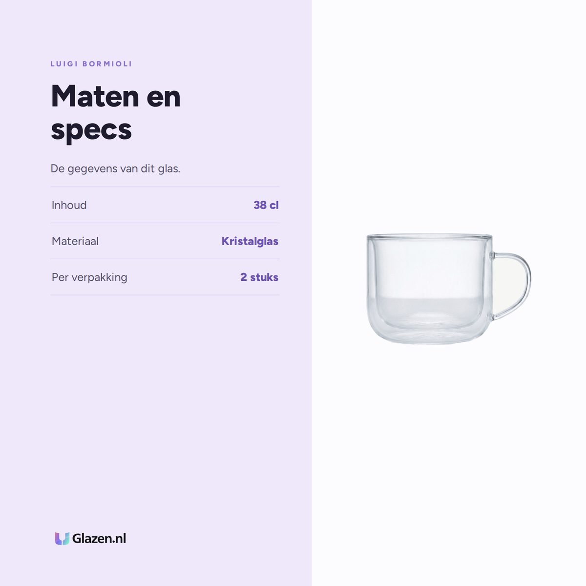 Maten en specs van de Luigi Bormioli Thermic Glass Koffieglas 38 Cl Sublime Multipurpose - 2 Stuks
