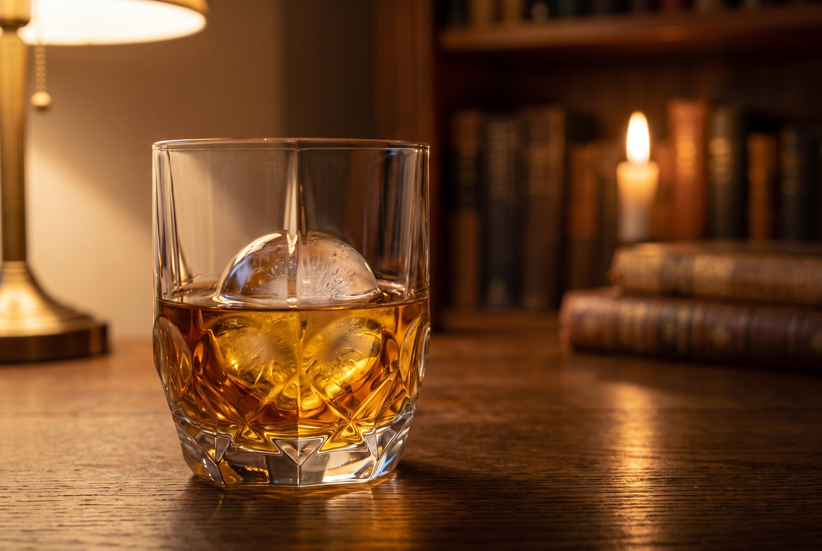Whisky tumbler met ijsbal in warm licht