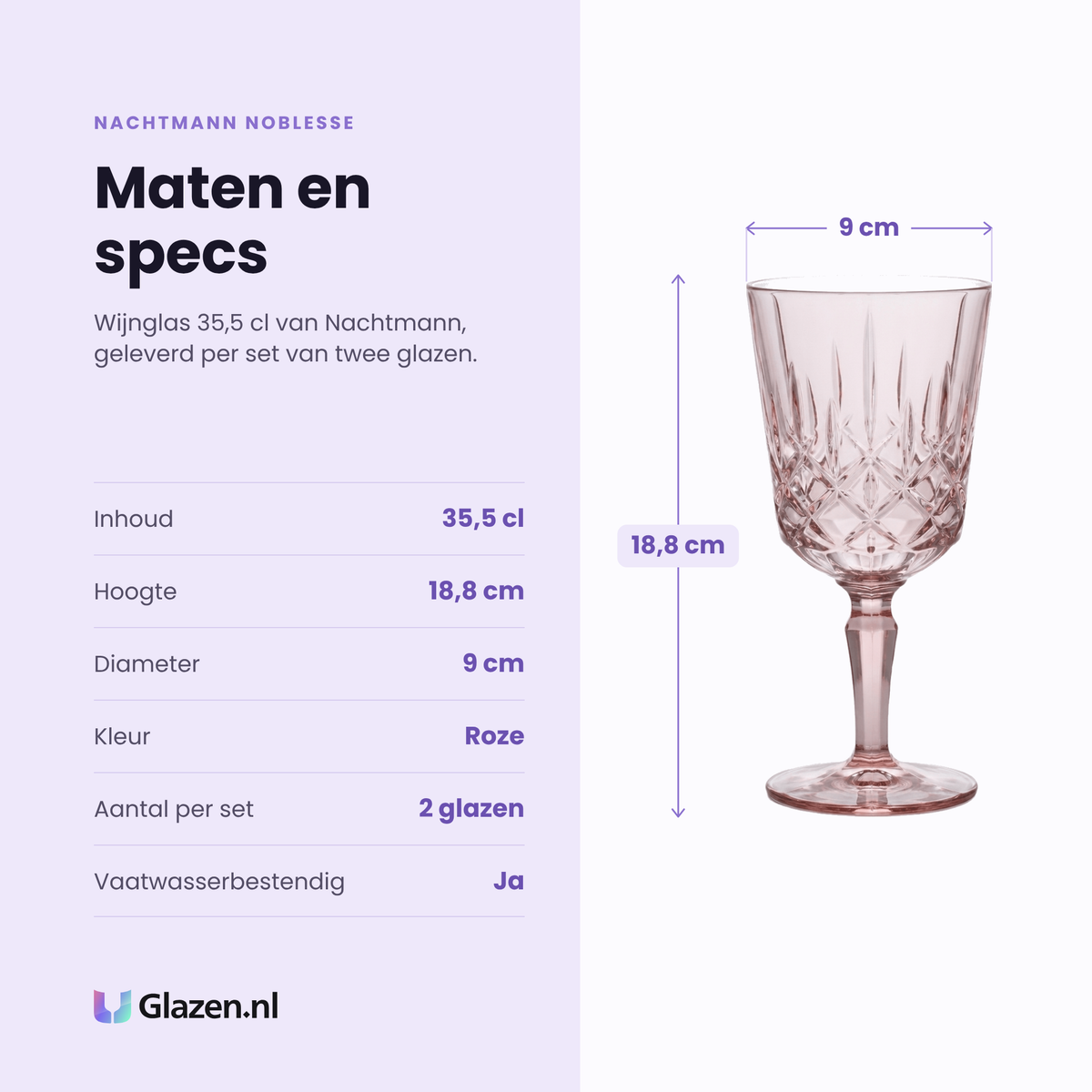 Nachtmann Noblesse wijnglas 35,5 cl specificaties: inhoud 35,5 cl, hoogte 18,8 cm, diameter 9 cm, kleur roze, set van 2