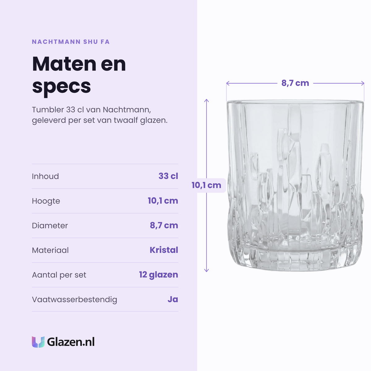 Nachtmann Shu Fa tumbler 33 cl specificaties: inhoud 33 cl, hoogte 10,1 cm, diameter 8,7 cm, kristal, set van 12