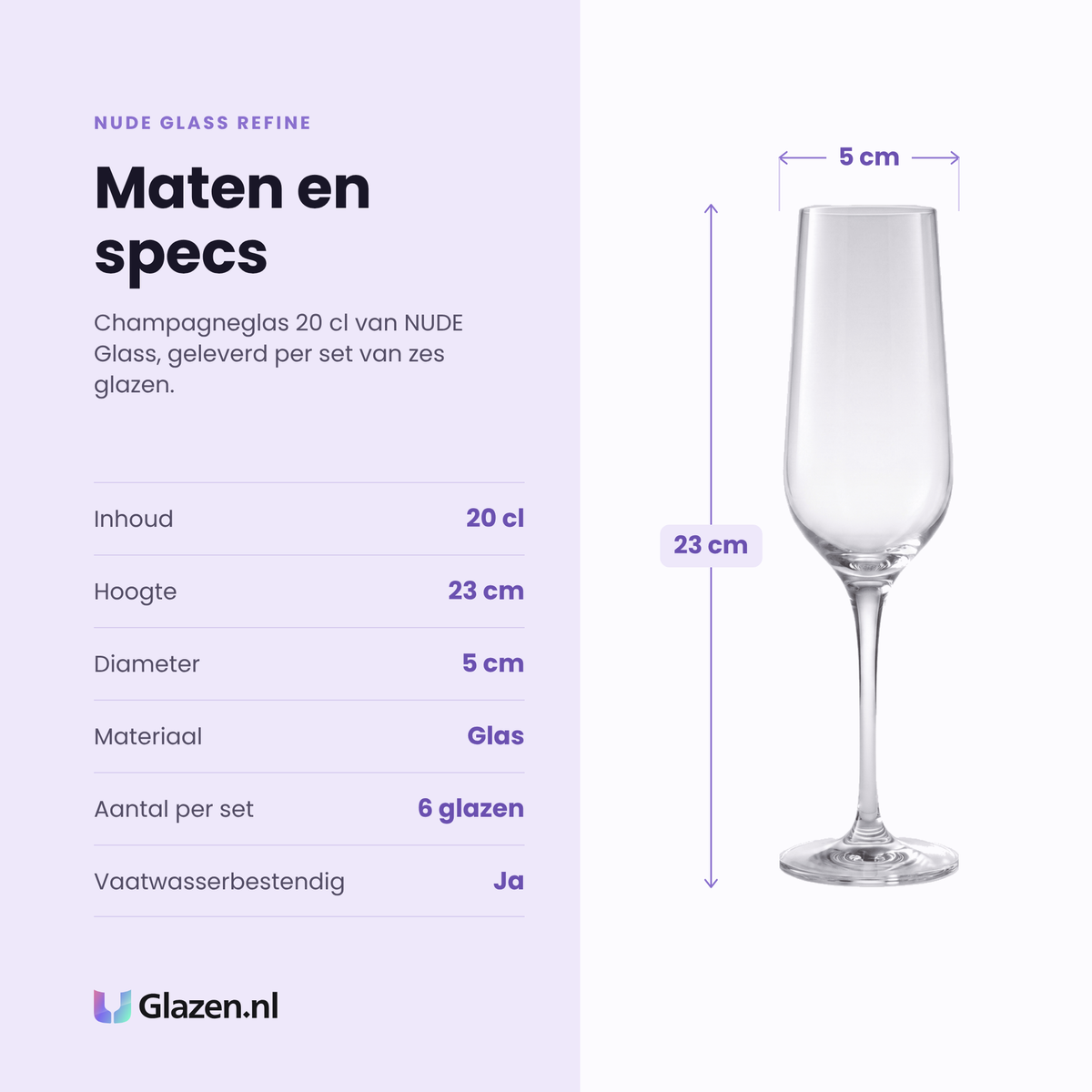 NUDE Glass Refine champagneglas 20 cl specificaties: inhoud 20 cl, hoogte 23 cm, diameter 5 cm, glas, set van 6