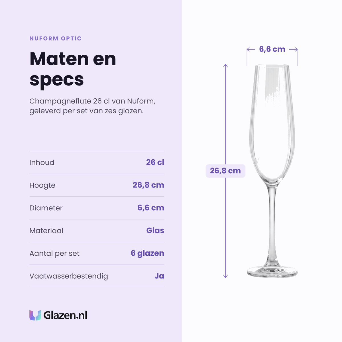 Nuform Optic champagneflute 26 cl specificaties: inhoud 26 cl, hoogte 26,8 cm, diameter 6,6 cm, glas, set van 6