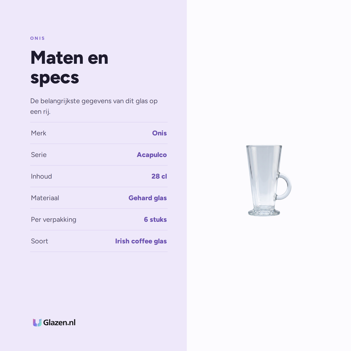 Maten en specificaties van de Onis Acapulco Irish Coffee Glas 28 cl - 6 Stuks