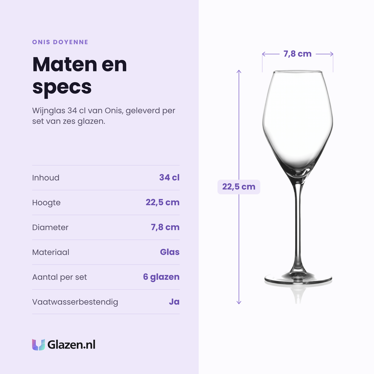 Onis Doyenne wijnglas 34 cl specificaties: inhoud 34 cl, hoogte 22,5 cm, diameter 7,8 cm, glas, set van 6