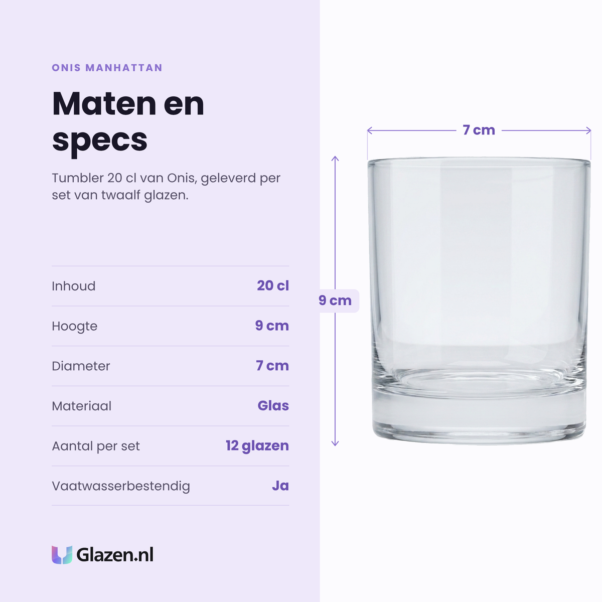 Onis Manhattan tumbler 20 cl specificaties: inhoud 20 cl, hoogte 9 cm, diameter 7 cm, glas, set van 12