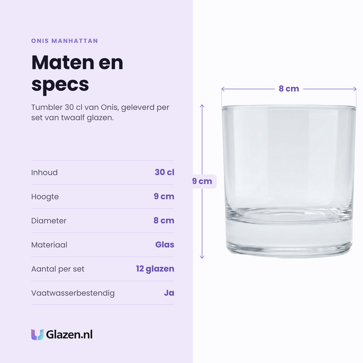 Onis Manhattan tumbler 30 cl specificaties: inhoud 30 cl, hoogte 9 cm, diameter 8 cm, glas, set van 12