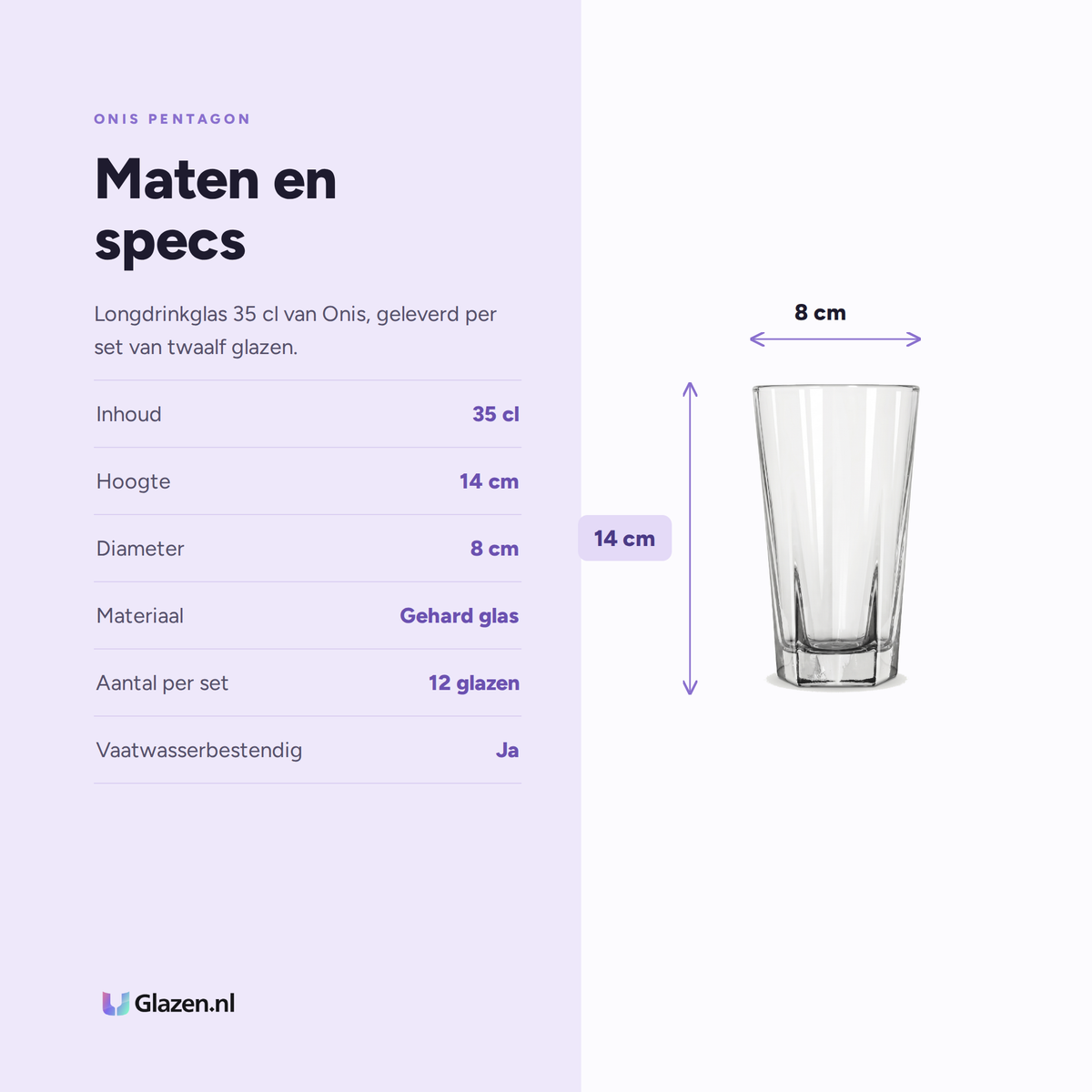 Onis Pentagon Longdrinkglas 35 Cl specificaties: inhoud 35 cl, hoogte 14 cm, diameter 8 cm, materiaal Gehard glas, aantal per set 12 glazen, vaatwasserbestendig Ja