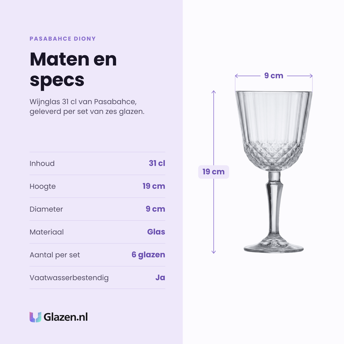 Pasabahce Diony wijnglas 31 cl specificaties: inhoud 31 cl, hoogte 19 cm, diameter 9 cm, glas, set van 6