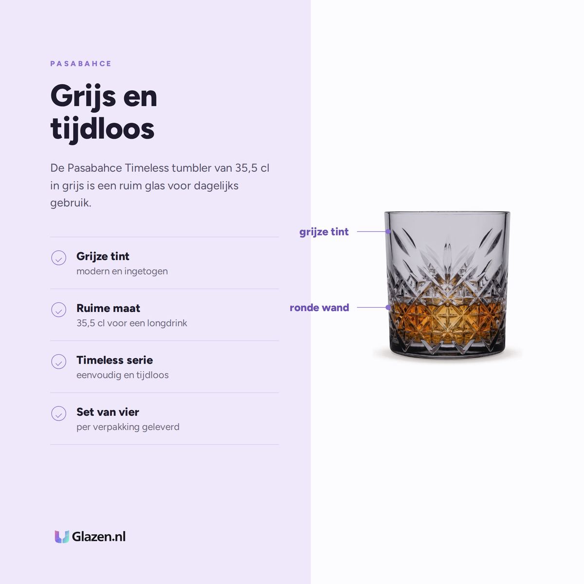 Eigenschappen van Pasabahce Timeless Tumbler 35,5 Cl Grijs