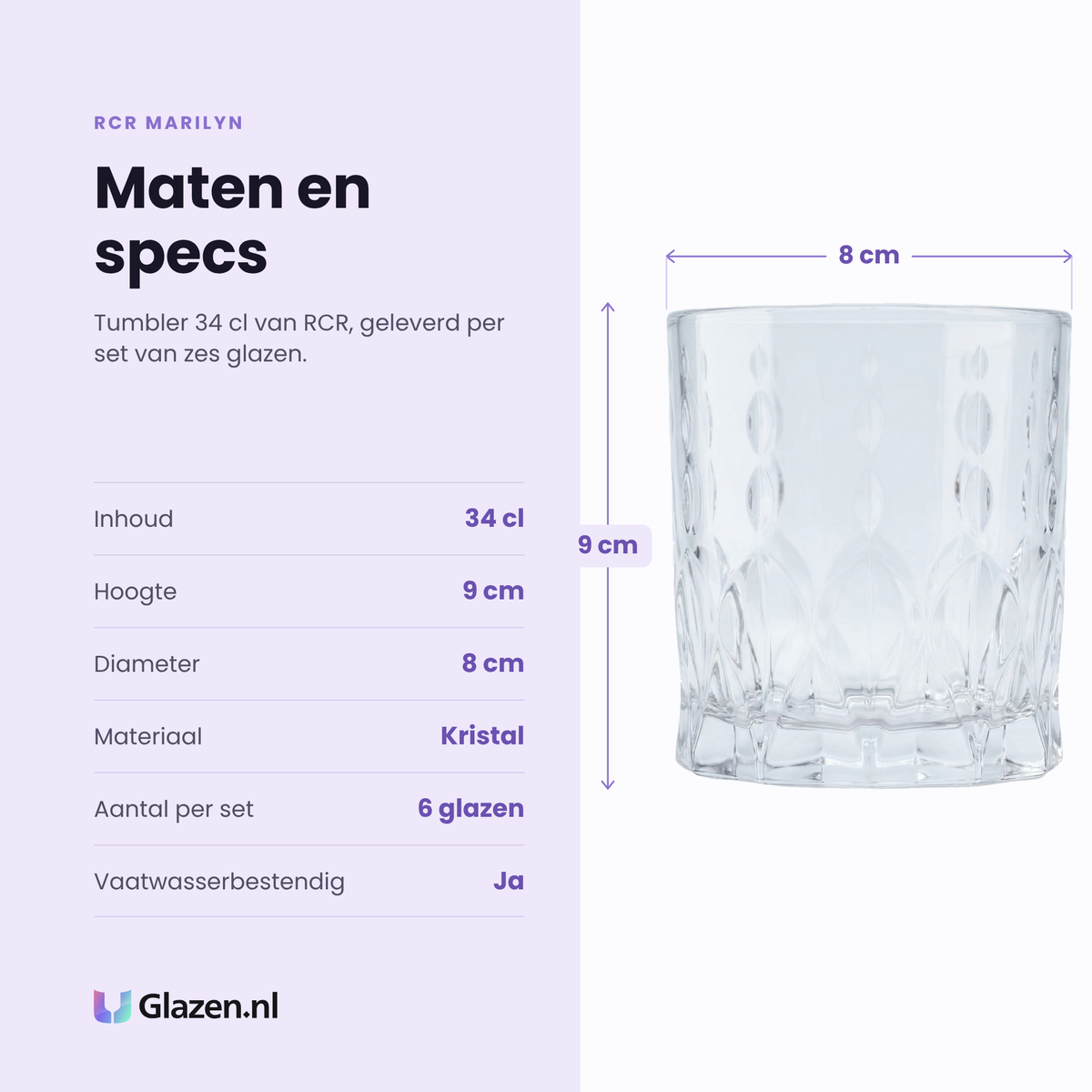 RCR Marilyn tumbler 34 cl specificaties: inhoud 34 cl, hoogte 9 cm, diameter 8 cm, kristal, set van 6