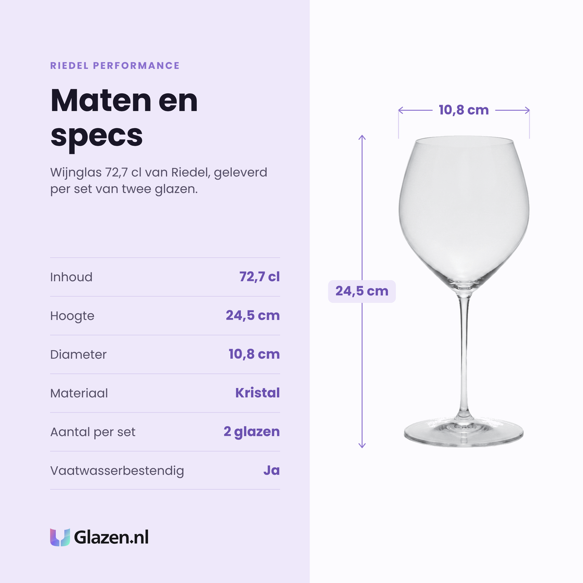 Riedel Performance wijnglas 72,7 cl specificaties: inhoud 72,7 cl, hoogte 24,5 cm, diameter 10,8 cm, kristal, set van 2