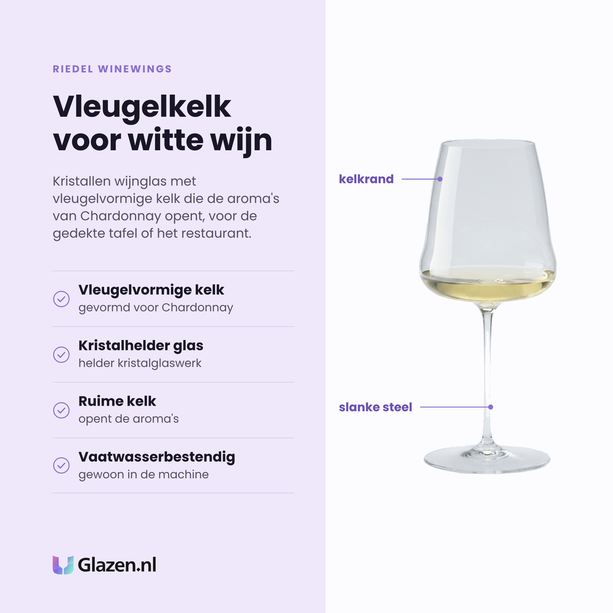 Riedel Winewings wijnglas 73,6 cl eigenschappen: vleugelvormige kelk, kristalhelder glas, ruime kelk, vaatwasserbestendig