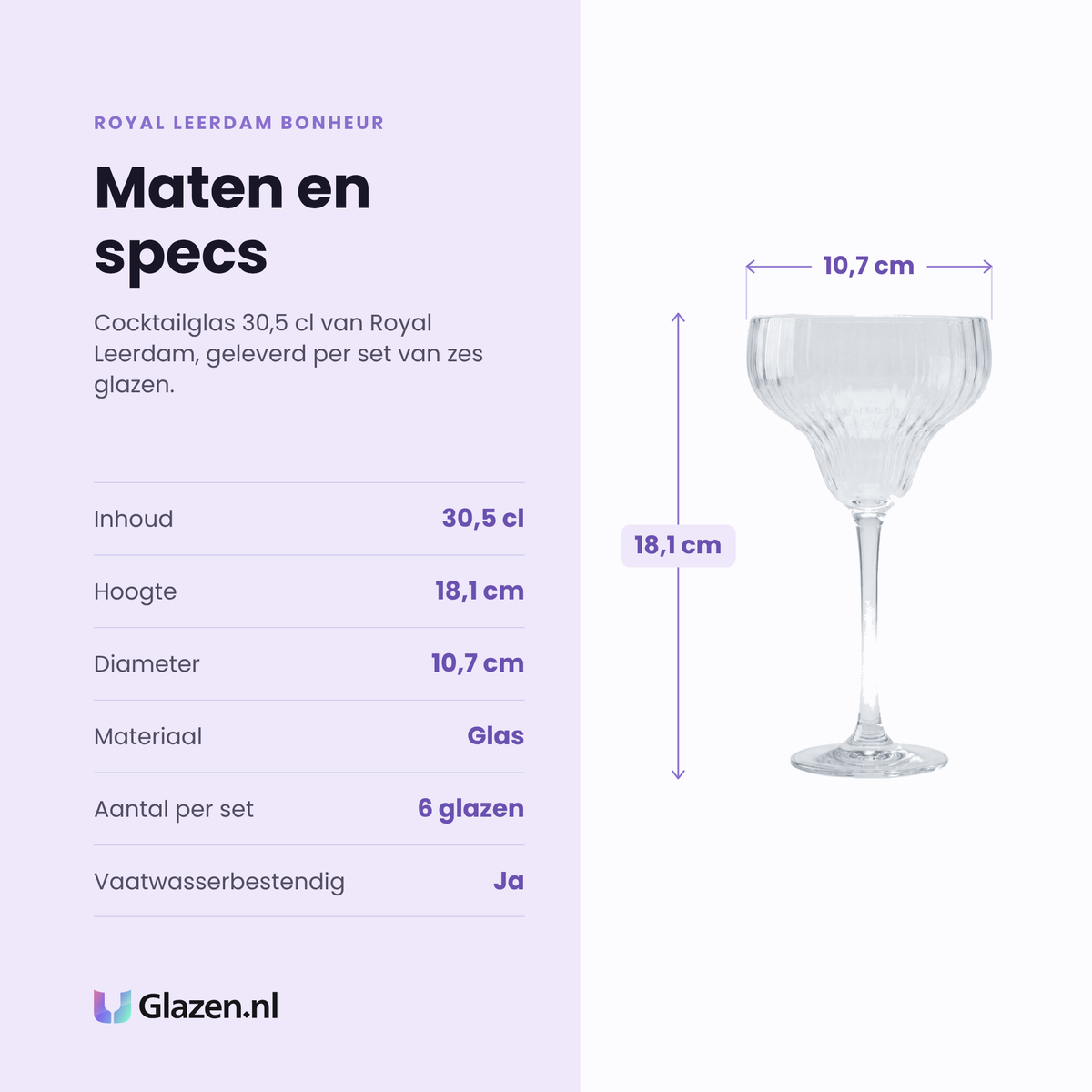 Royal Leerdam Bonheur cocktailglas 30,5 cl specificaties: inhoud 30,5 cl, hoogte 18,1 cm, diameter 10,7 cm, glas, set van 6