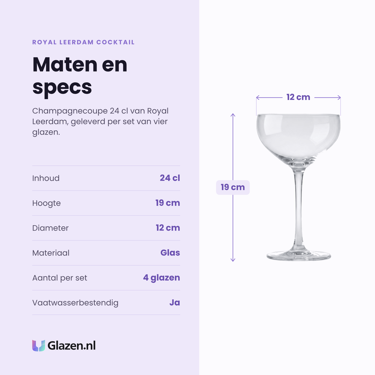 Royal Leerdam Cocktail champagnecoupe 24 cl specificaties: inhoud 24 cl, hoogte 19 cm, diameter 12 cm, glas, set van 4