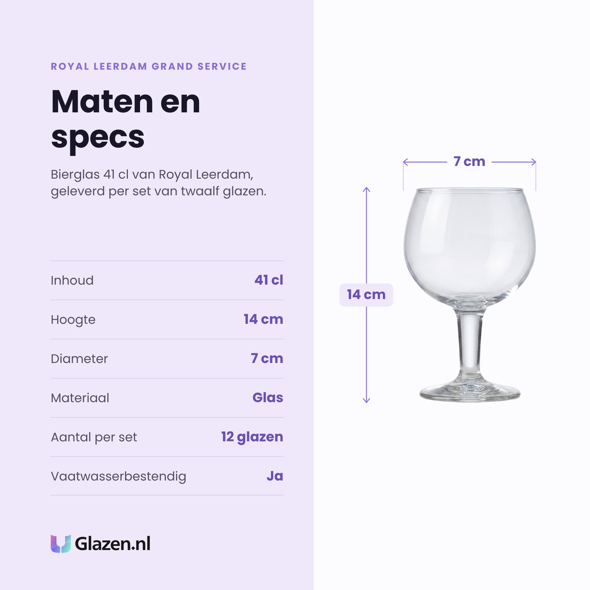 Royal Leerdam Grand Service bierglas 41 cl specificaties: inhoud 41 cl, hoogte 14 cm, diameter 7 cm, glas, set van 12