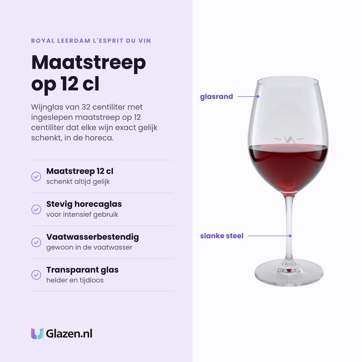 Royal Leerdam L'Esprit Du Vin wijnglas 32 cl eigenschappen: maatstreep 12 cl, stevig horecaglas, vaatwasserbestendig, transparant glas