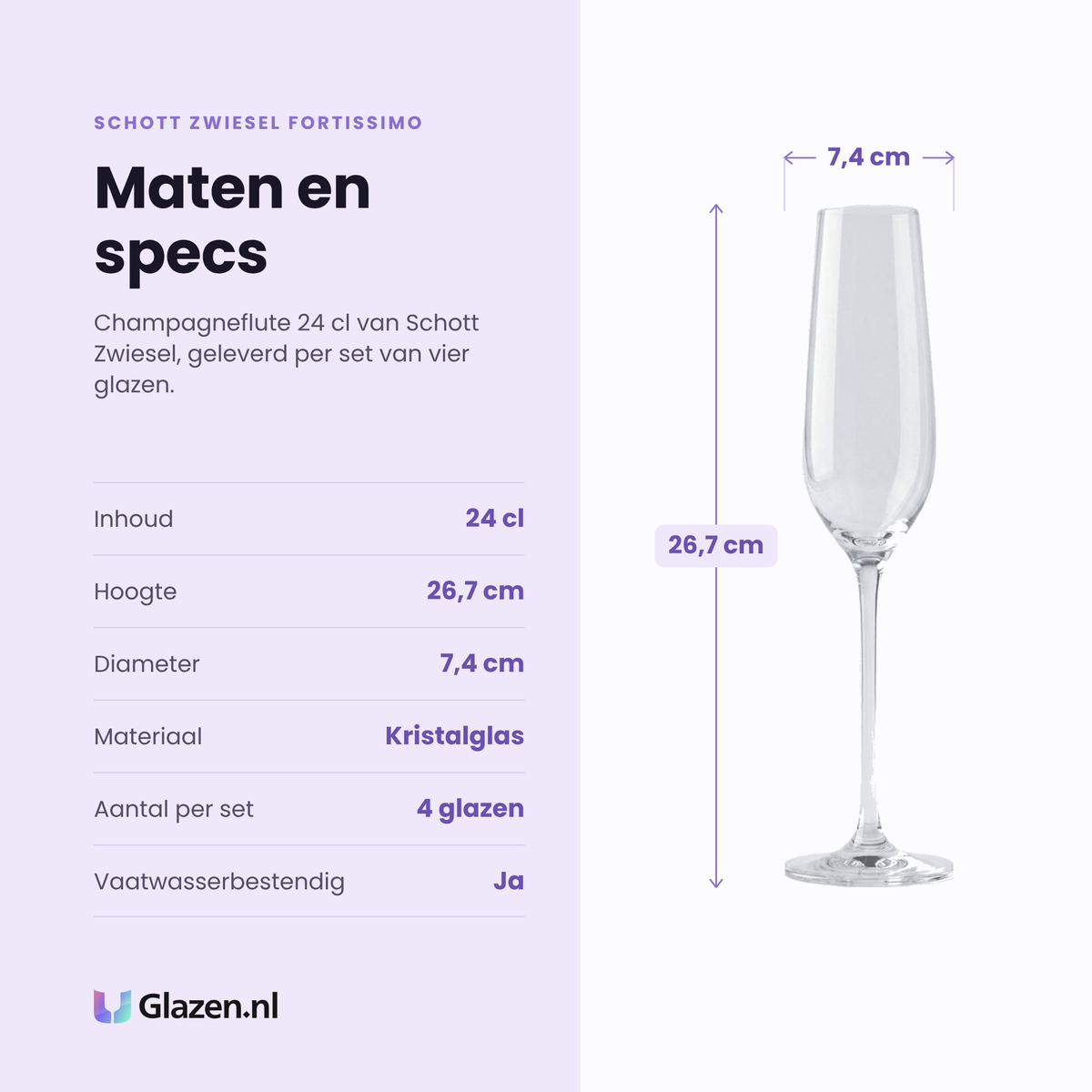 Schott Zwiesel Fortissimo champagneflute 24 cl specificaties: inhoud 24 cl, hoogte 26,7 cm, diameter 7,4 cm, kristalglas, set van 4