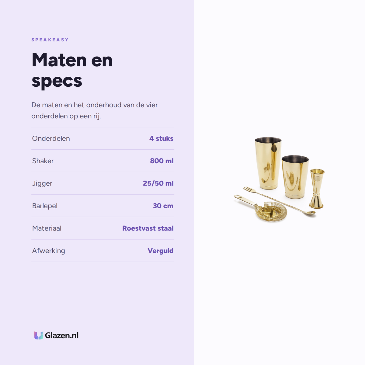 Maten en specificaties van de gouden Speakeasy cocktail set