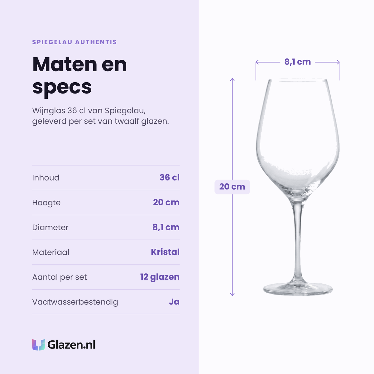 Spiegelau Authentis wijnglas 36 cl specificaties: inhoud 36 cl, hoogte 20 cm, diameter 8,1 cm, kristal, set van 12