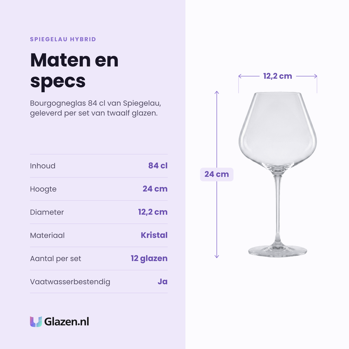 Spiegelau Hybrid bourgogneglas 84 cl specificaties: inhoud 84 cl, hoogte 24 cm, diameter 12,2 cm, kristal, set van 12