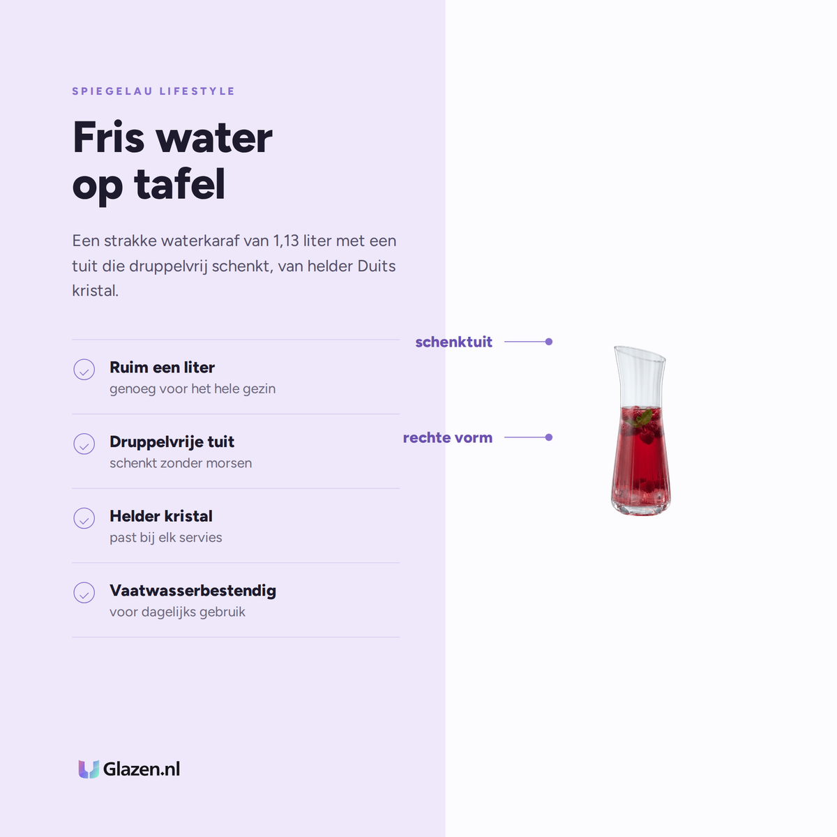 Spiegelau Lifestyle Karaf 1,13 L eigenschappen: ruim een liter, druppelvrije tuit, helder kristal, vaatwasserbestendig