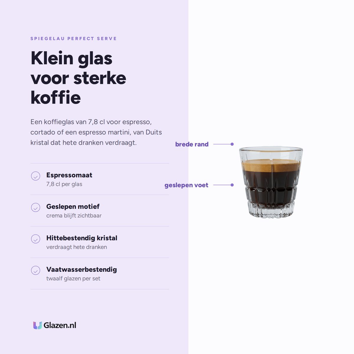 Spiegelau Perfect Serve Collection Koffieglas 7,8 Cl, 12 Stuks eigenschappen: espressomaat, geslepen motief, hittebestendig kristal, vaatwasserbestendig