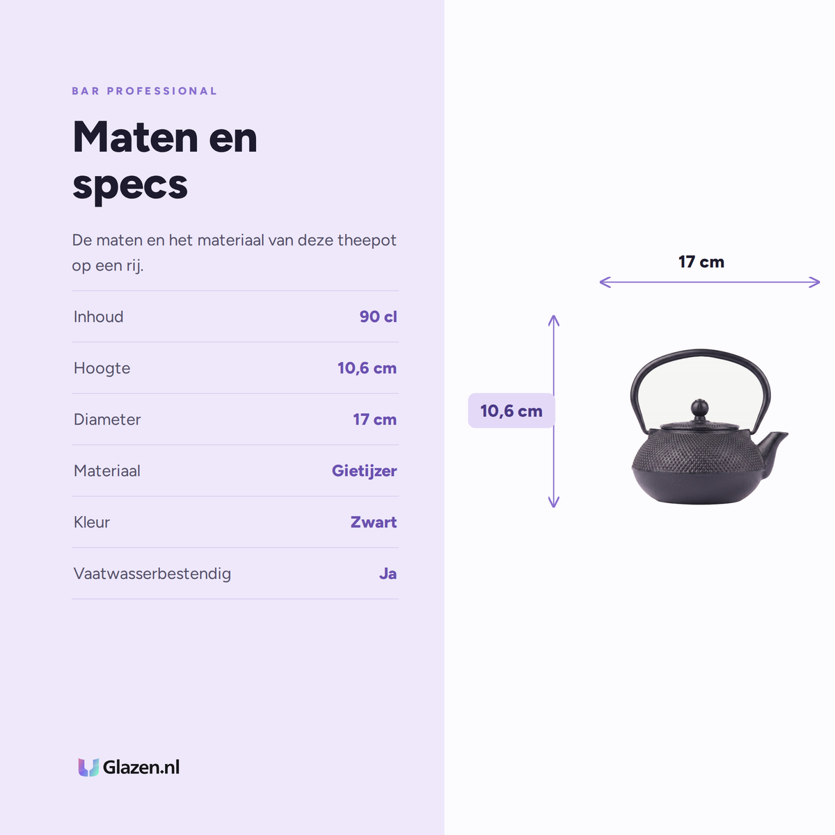 Maten en specs van Bar Professional Tokio Theepot met Filter 90 Cl