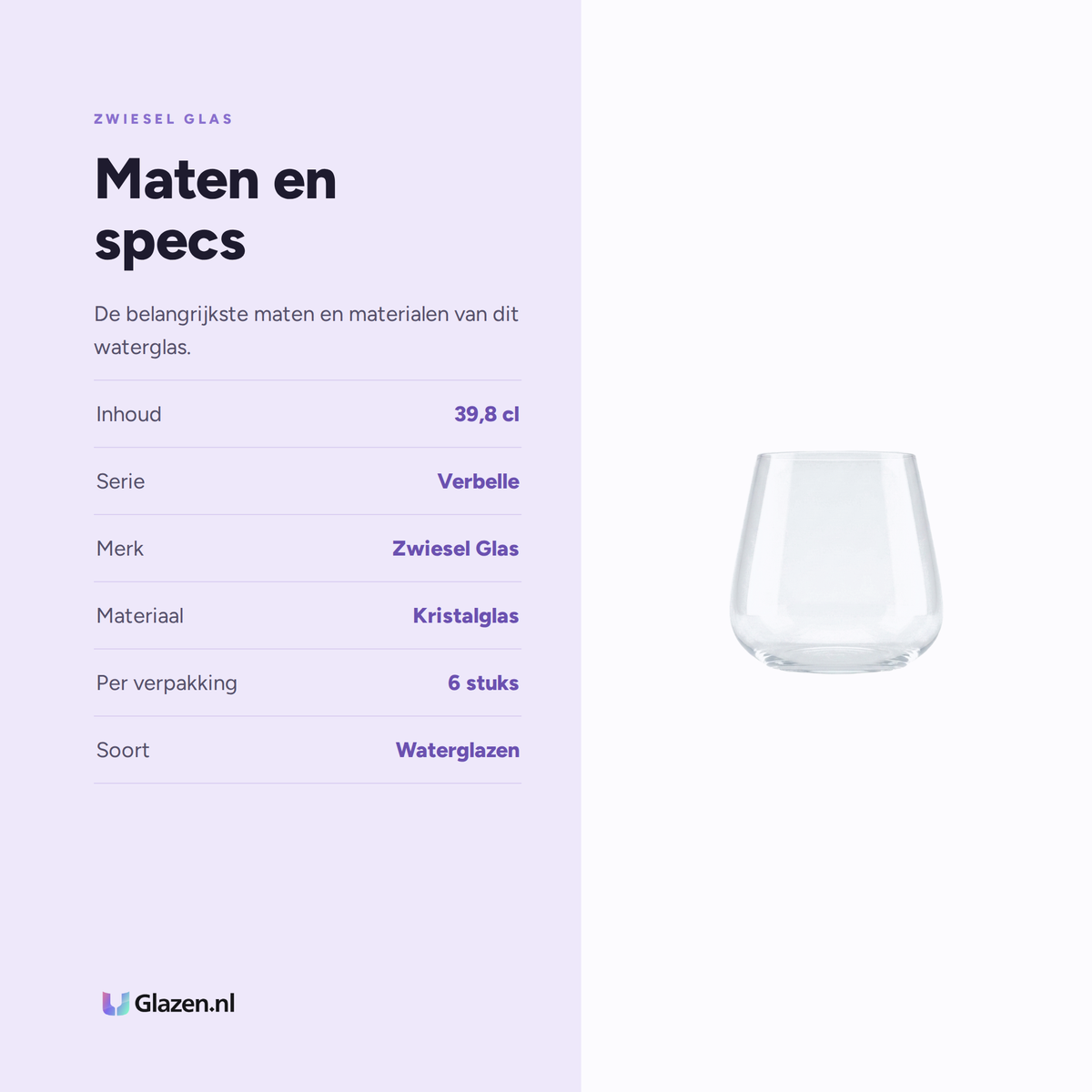 Infographic met de maten en specificaties van Zwiesel Glas Verbelle Waterglas 39,8 cl - 6 Stuks