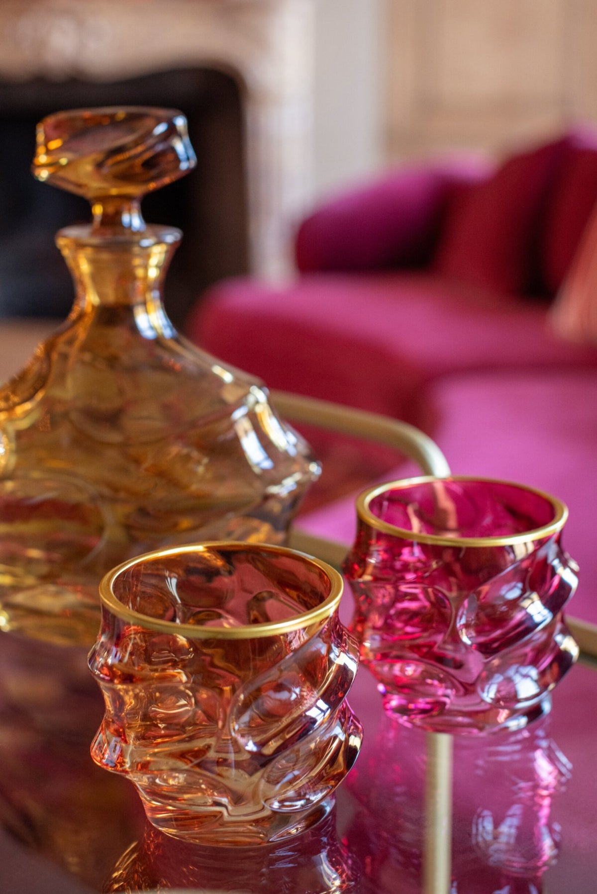 J-Line Embossed Gold Rim Water Glass Bordeaux/Light Pink Assorted - 2 Pieces