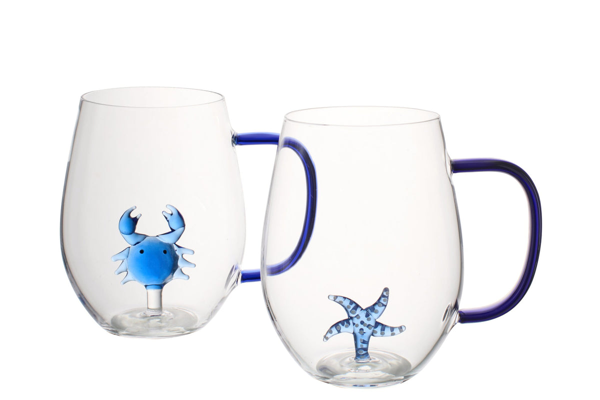 J-Line Starfish/Crab Water Glass with Handle Blue/Transparent Assorted - 2 Pieces