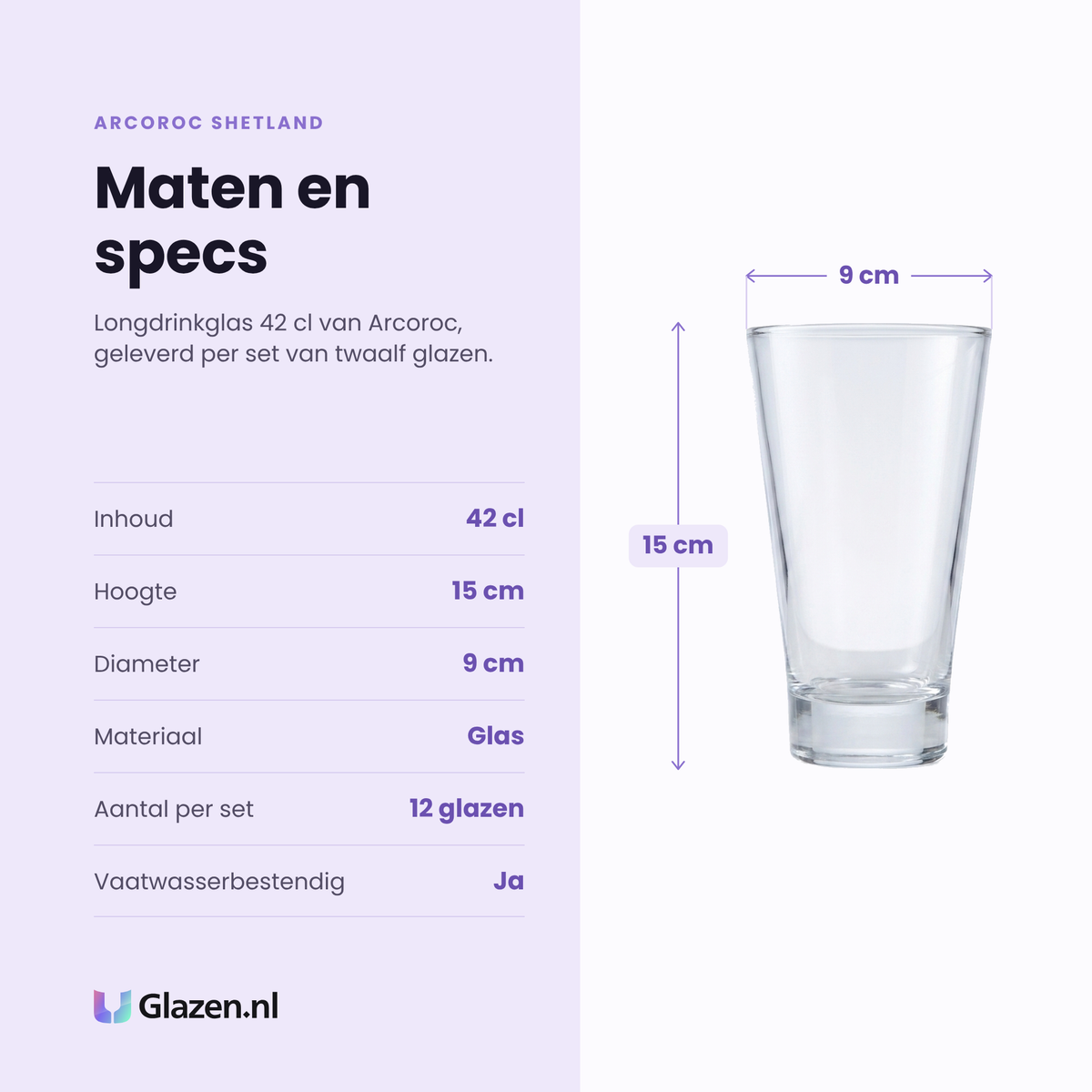 Arcoroc Shetland longdrinkglas 42 cl specificaties: inhoud 42 cl, hoogte 15 cm, diameter 9 cm, glas, set van 12